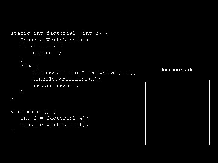 static int factorial (int n) { Console. Write. Line(n); if (n == 1) {