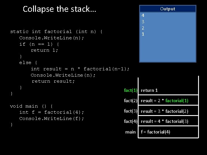 Collapse the stack… static int factorial (int n) { Console. Write. Line(n); if (n