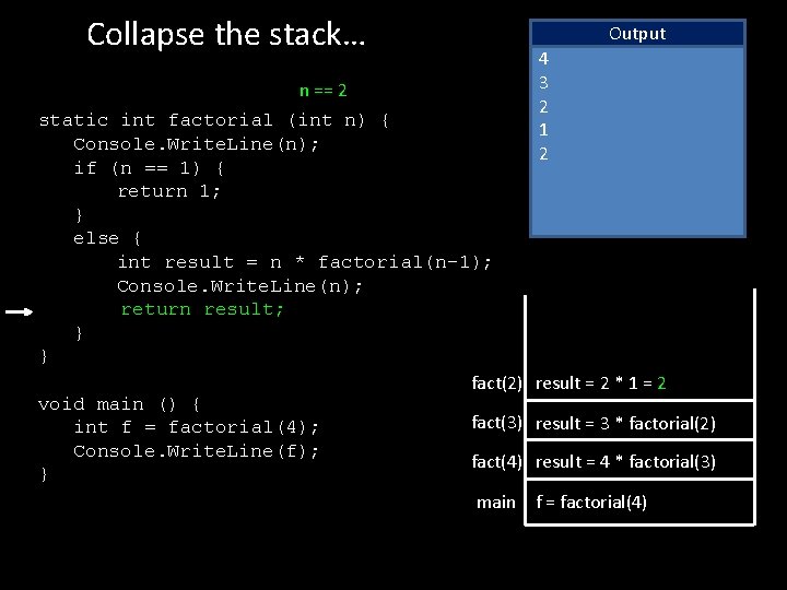Collapse the stack… n == 2 static int factorial (int n) { Console. Write.