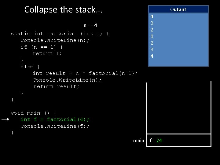 Collapse the stack… Output n == 4 static int factorial (int n) { Console.