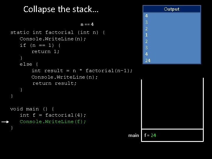 Collapse the stack… Output n == 4 static int factorial (int n) { Console.