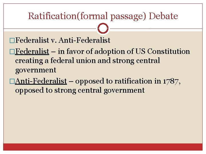 Ratification(formal passage) Debate �Federalist v. Anti-Federalist �Federalist – in favor of adoption of US