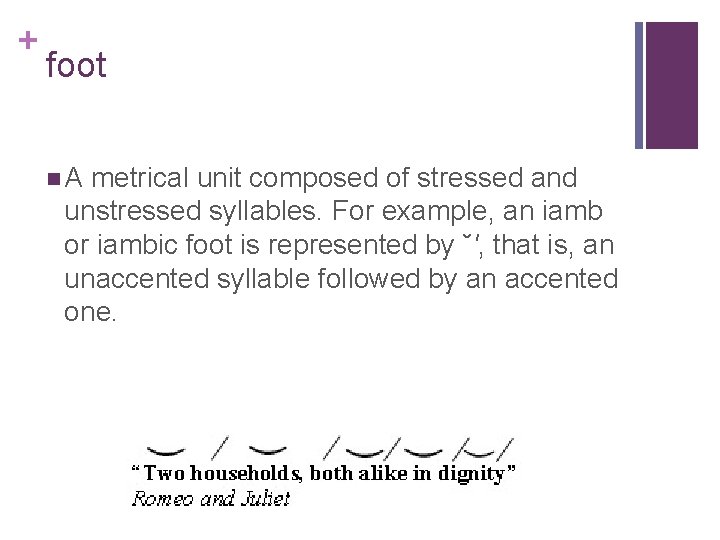 + foot n. A metrical unit composed of stressed and unstressed syllables. For example,