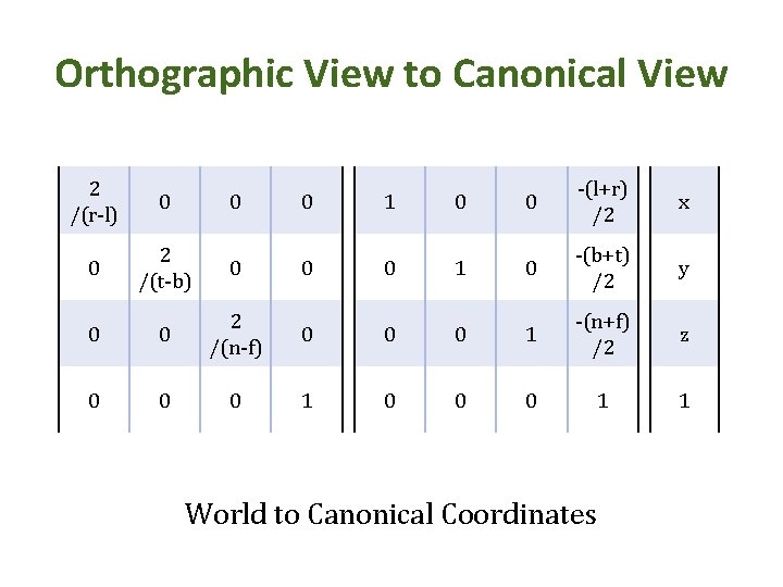 Orthographic View to Canonical View 2 /(r-l) 0 0 0 1 0 0 -(l+r)