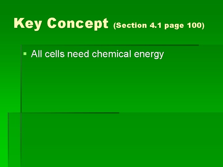 Key Concept (Section 4. 1 page 100) § All cells need chemical energy Key Concept (Section 4. 1 page 100) § All cells need chemical energy