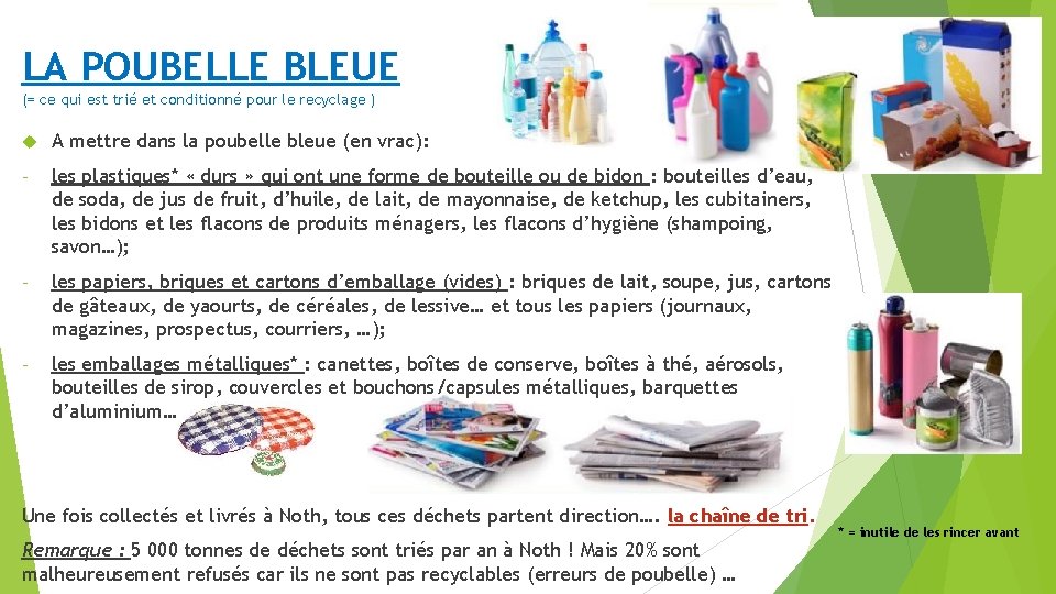 LA POUBELLE BLEUE (= ce qui est trié et conditionné pour le recyclage )