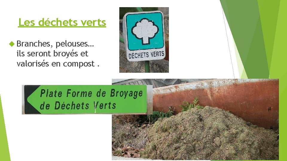 Les déchets verts Branches, pelouses… ils seront broyés et valorisés en compost. 