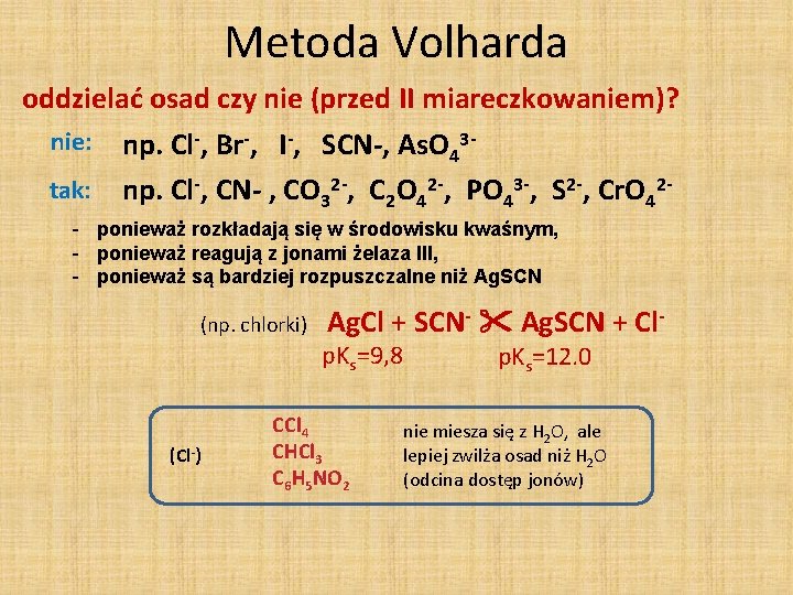 Metoda Volharda oddzielać osad czy nie (przed II miareczkowaniem)? nie: np. Cl-, Br-, I-,