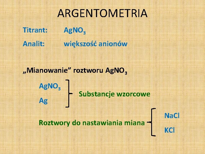 ARGENTOMETRIA Titrant: Ag. NO 3 Analit: większość anionów „Mianowanie” roztworu Ag. NO 3 Ag