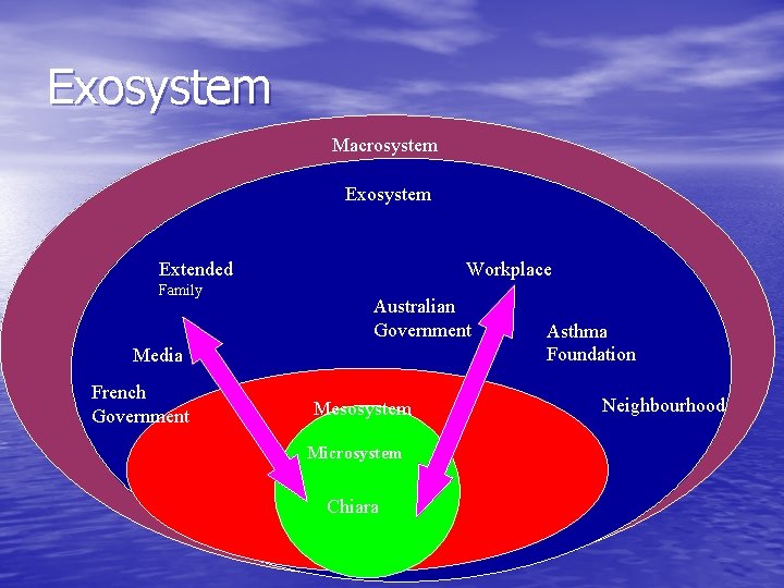 Exosystem Macrosystem Extended Family Workplace Australian Government Media French Government Mesosystem Microsystem Chiara Asthma