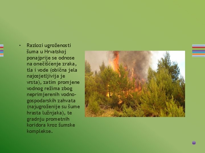  • Razlozi ugroženosti šuma u Hrvatskoj ponajprije se odnose na onečišćenje zraka, tla