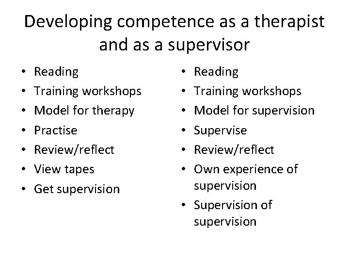 Developing competence as a therapist and as a supervisor • • Reading Training workshops