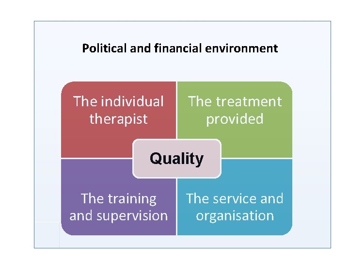 Political and financial environment The individual therapist The treatment provided Quality The training and