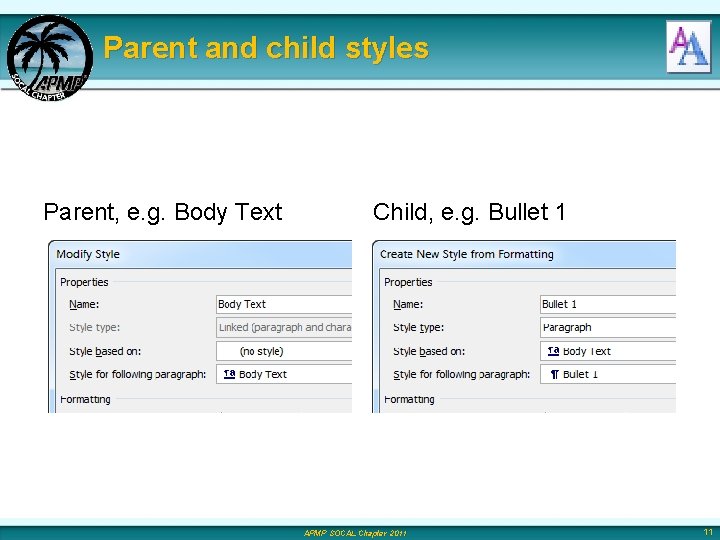 Parent and child styles Parent, e. g. Body Text Child, e. g. Bullet 1
