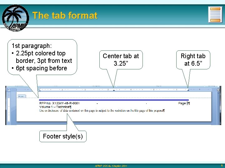 The tab format 1 st paragraph: • 2. 25 pt colored top border, 3
