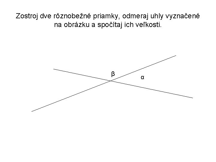 Zostroj dve rôznobežné priamky, odmeraj uhly vyznačené na obrázku a spočítaj ich veľkosti. β