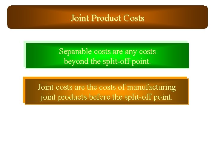 Joint Product Costs Separable costs are any costs beyond the split-off point. Joint costs