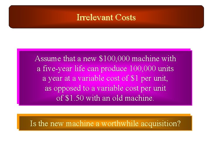 Irrelevant Costs Assume that a new $100, 000 machine with a five-year life can