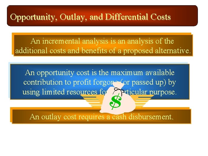 Opportunity, Outlay, and Differential Costs An incremental analysis is an analysis of the additional