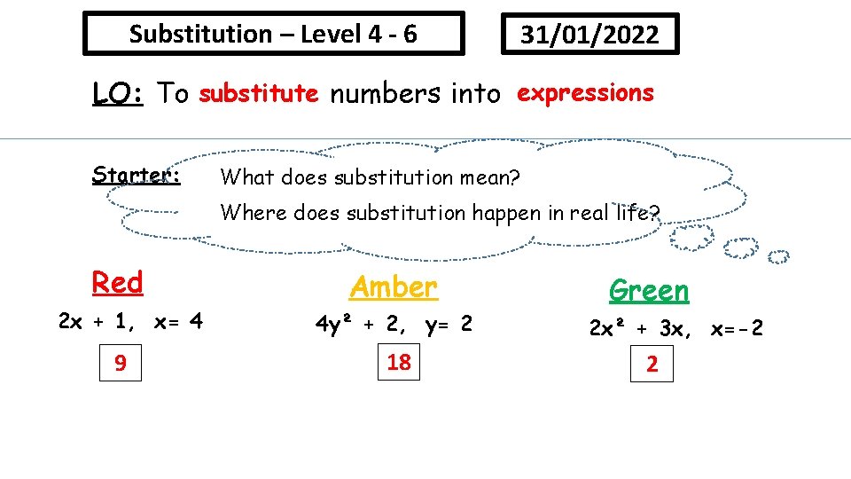 Substitution – Level 4 - 6 31/01/2022 expressions substitute numbers into e……………… LO: To