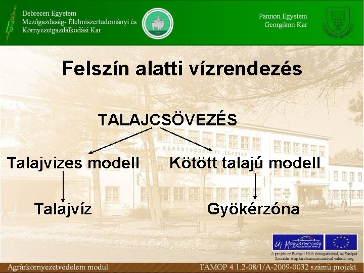 Felszín alatti vízrendezés TALAJCSÖVEZÉS Talajvizes modell Talajvíz Kötött talajú modell Gyökérzóna Felszín alatti vízrendezés TALAJCSÖVEZÉS Talajvizes modell Talajvíz Kötött talajú modell Gyökérzóna