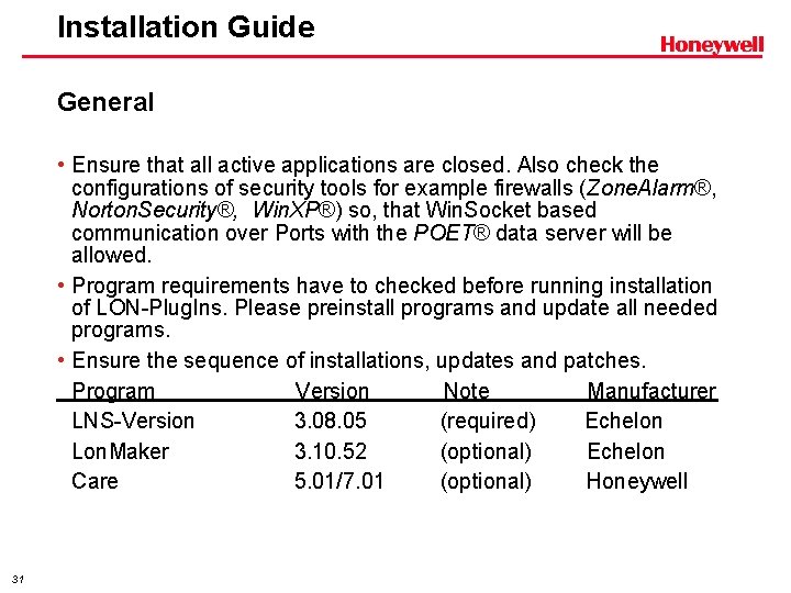 Installation Guide General • Ensure that all active applications are closed. Also check the