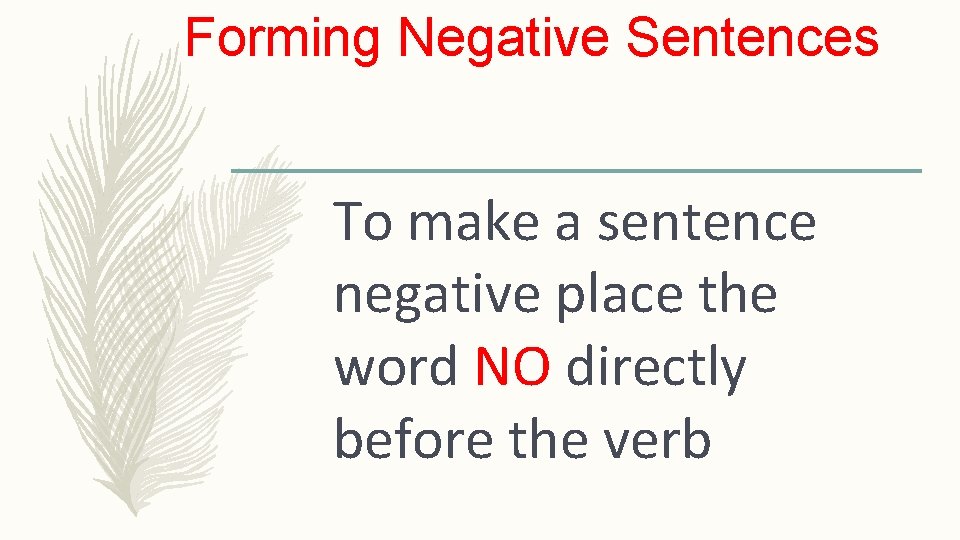 Forming Negative Sentences To make a sentence negative place the word NO directly before