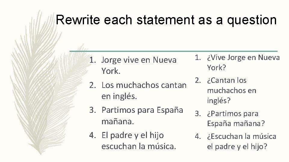 Rewrite each statement as a question 1. Jorge vive en Nueva York. 2. Los