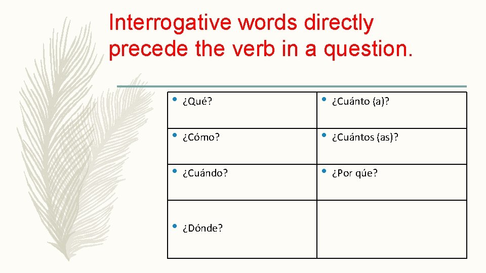 Interrogative words directly precede the verb in a question. • ¿Qué? • ¿Cuánto (a)?