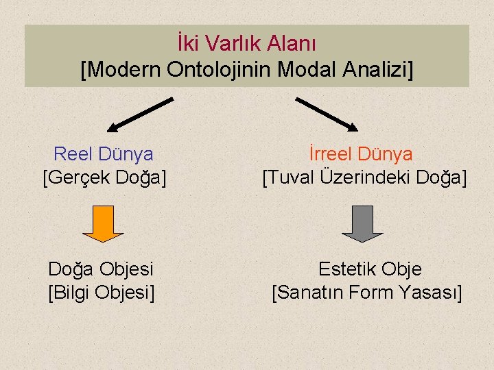 İki Varlık Alanı [Modern Ontolojinin Modal Analizi] Reel Dünya [Gerçek Doğa] İrreel Dünya [Tuval