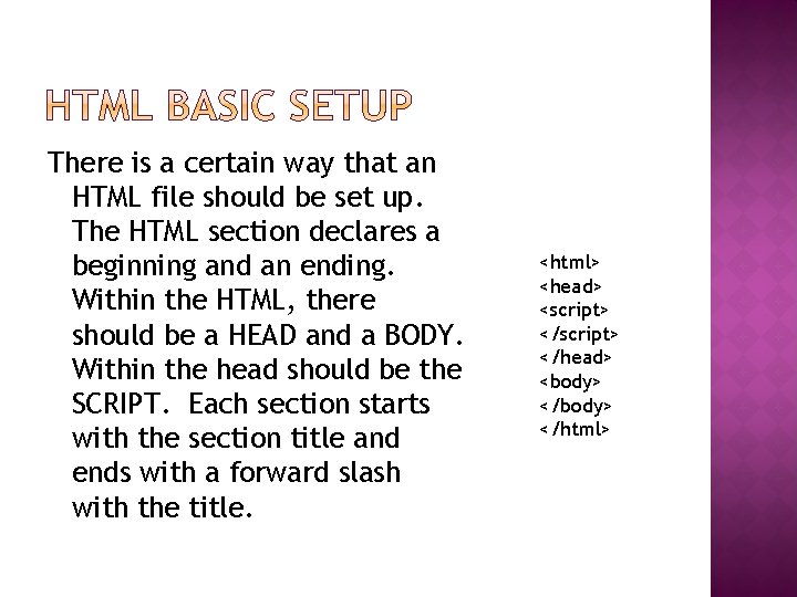 There is a certain way that an HTML file should be set up. The