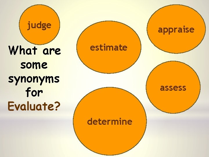 judge What are some synonyms for Evaluate? appraise estimate assess determine 
