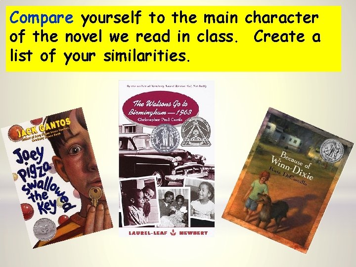 Compare yourself to the main character of the novel we read in class. Create
