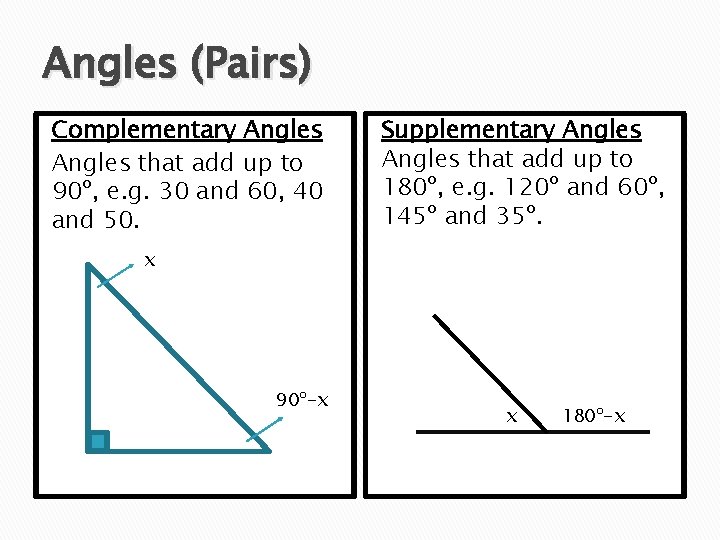 Angles (Pairs) Complementary Angles that add up to 90º, e. g. 30 and 60,