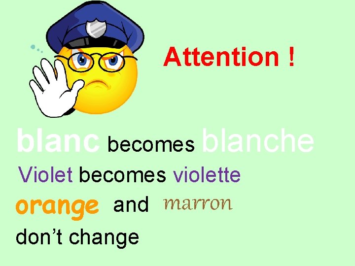 Attention ! blanc becomes blanche Violet becomes violette orange and marron don’t change 