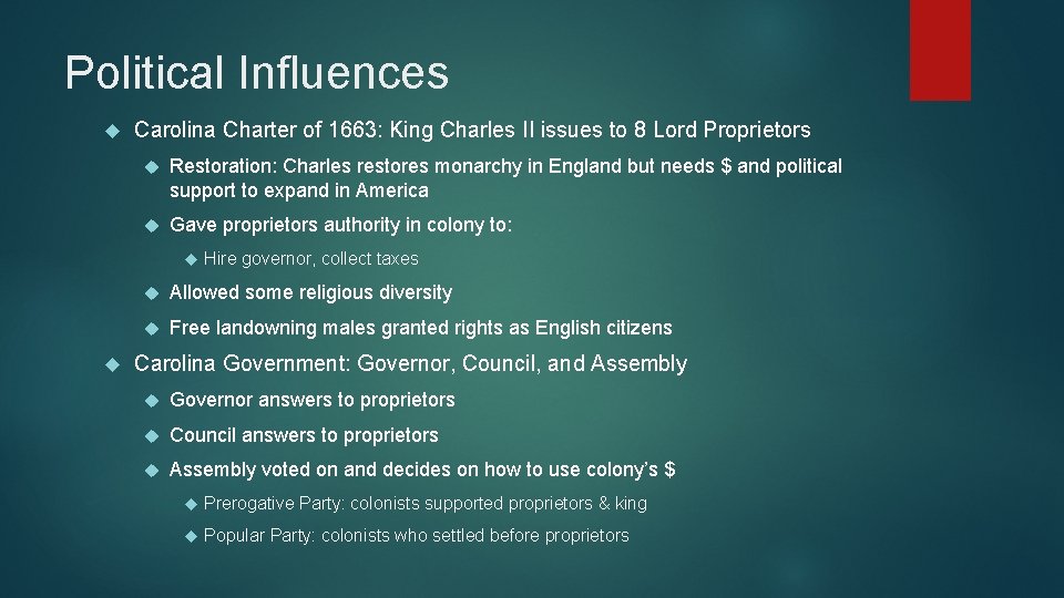 Political Influences Carolina Charter of 1663: King Charles II issues to 8 Lord Proprietors