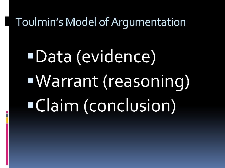 Toulmin’s Model of Argumentation Data (evidence) Warrant (reasoning) Claim (conclusion) 