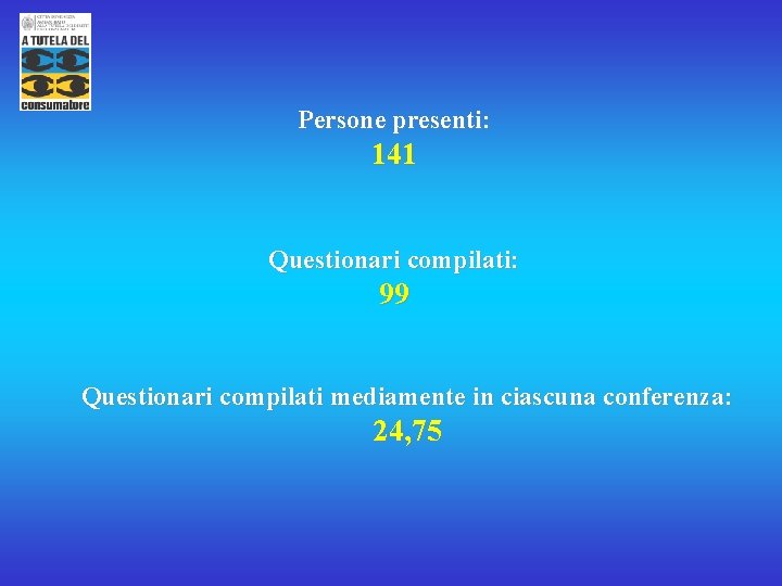 Persone presenti: 141 Questionari compilati: 99 Questionari compilati mediamente in ciascuna conferenza: 24, 75