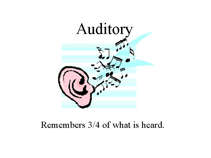 Auditory Remembers 3/4 of what is heard. 
