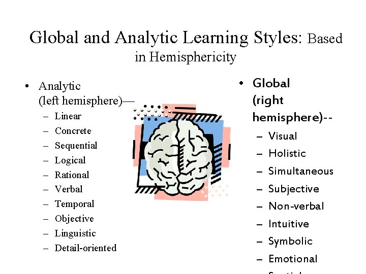 Global and Analytic Learning Styles: Based in Hemisphericity • Analytic (left hemisphere)— – –