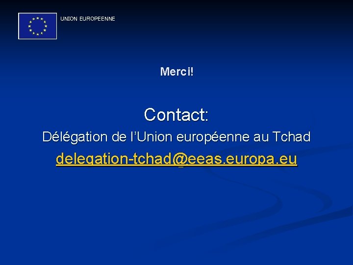 UNION EUROPEENNE Merci! Contact: Délégation de l’Union européenne au Tchad delegation-tchad@eeas. europa. eu 