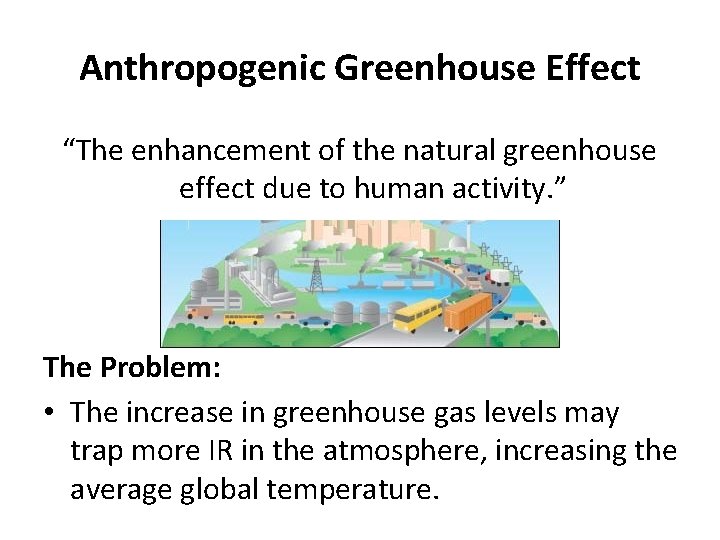 Anthropogenic Greenhouse Effect “The enhancement of the natural greenhouse effect due to human activity.