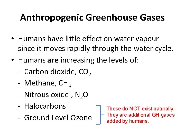 Anthropogenic Greenhouse Gases • Humans have little effect on water vapour since it moves