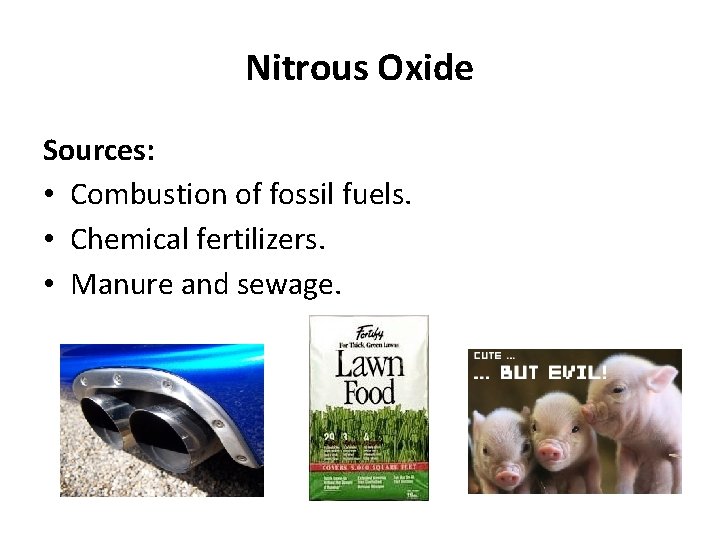 Nitrous Oxide Sources: • Combustion of fossil fuels. • Chemical fertilizers. • Manure and