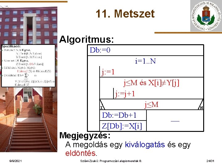 11. Metszet Algoritmus: Db: =0 i=1. . N j: =1 ELTE j≤M és X[i]≠Y[j]