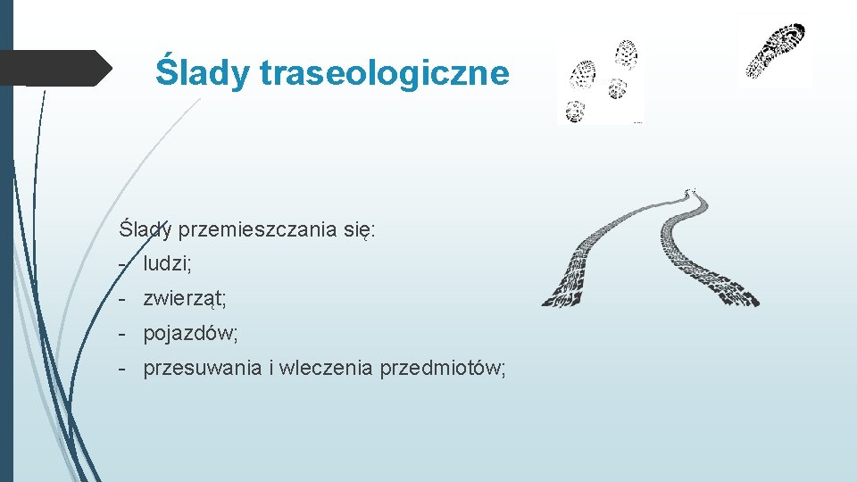 Ślady traseologiczne Ślady przemieszczania się: - ludzi; - zwierząt; - pojazdów; - przesuwania i Ślady traseologiczne Ślady przemieszczania się: - ludzi; - zwierząt; - pojazdów; - przesuwania i
