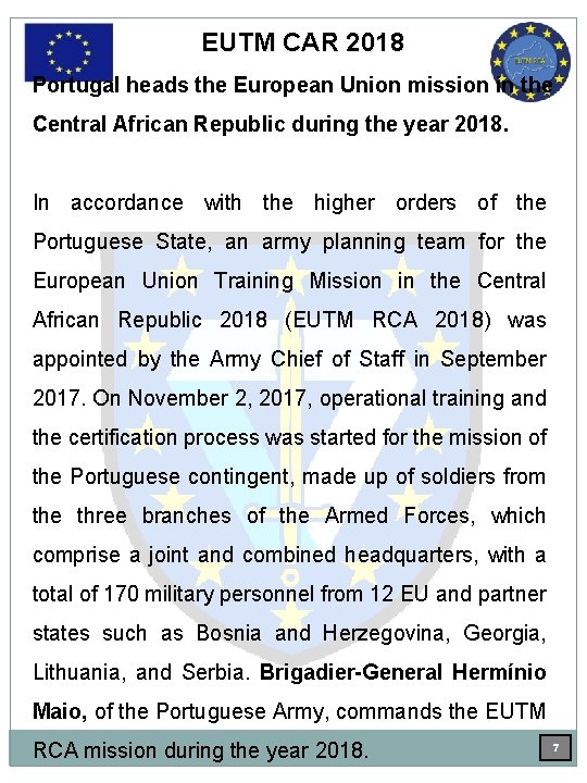 EUTM CAR 2018 Portugal heads the European Union mission in the Central African Republic