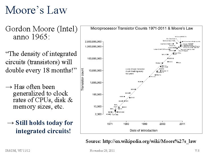 Moore’s Law Gordon Moore (Intel) anno 1965: “The density of integrated circuits (transistors) will