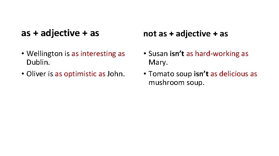 as + adjective + as not as + adjective + as • Wellington is