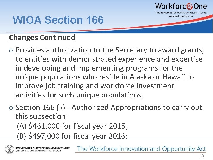 WIOA Section 166 Changes Continued ○ Provides authorization to the Secretary to award grants,